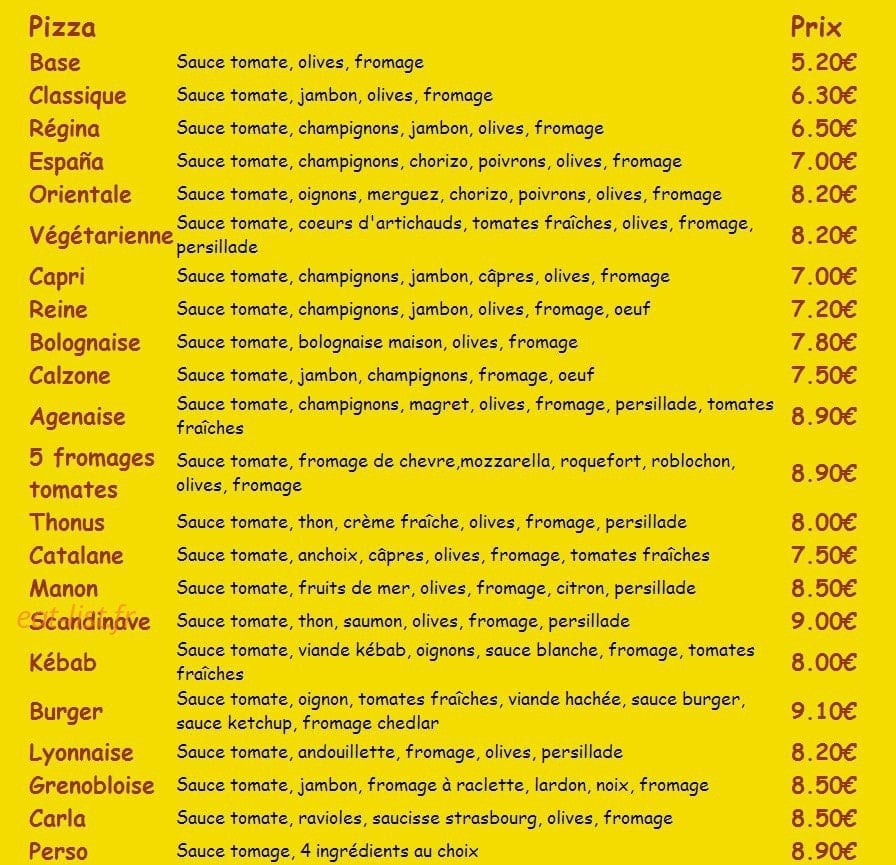 Bella Pizza — carte page 1
