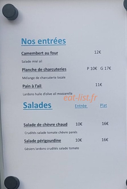 Carte et menu de Auberge de Portes en Valdaine à Portes en Valdaine — Les entrées et salades