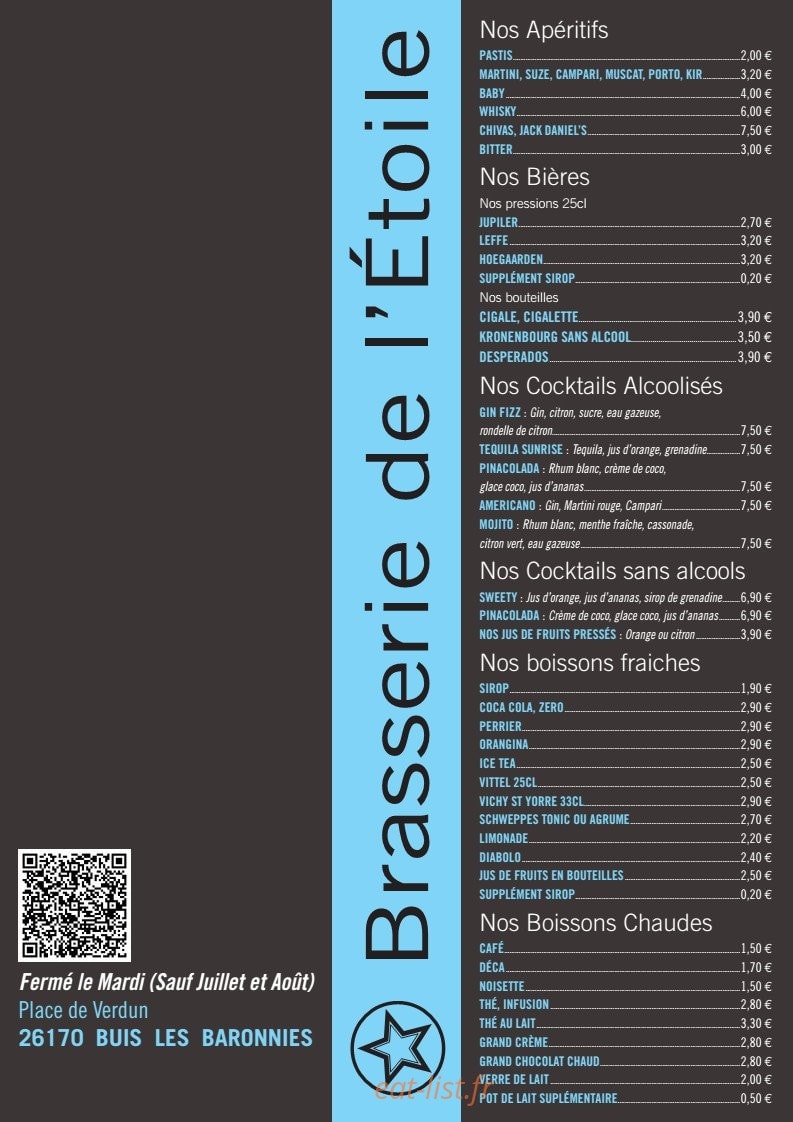 Carte et menu de Brasserie de l' étoile à Buis les Baronnies — Les apéritifs, bières...