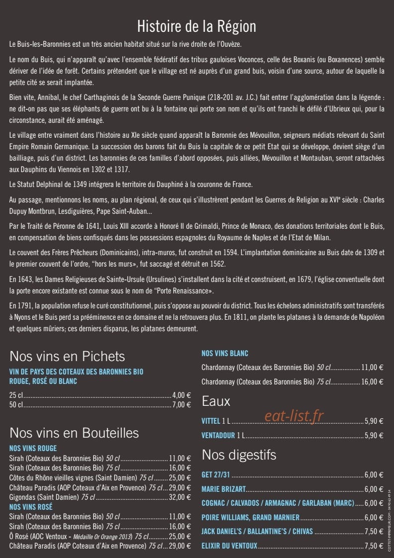 Carte et menu de Brasserie de l' étoile à Buis les Baronnies — Les vins, eaux...