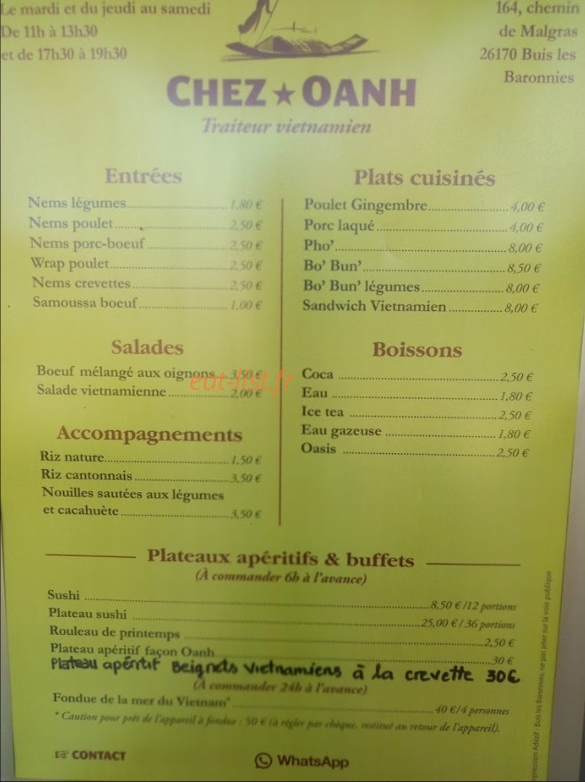Carte et menu de Chez Oanh à Buis les Baronnies — La carte