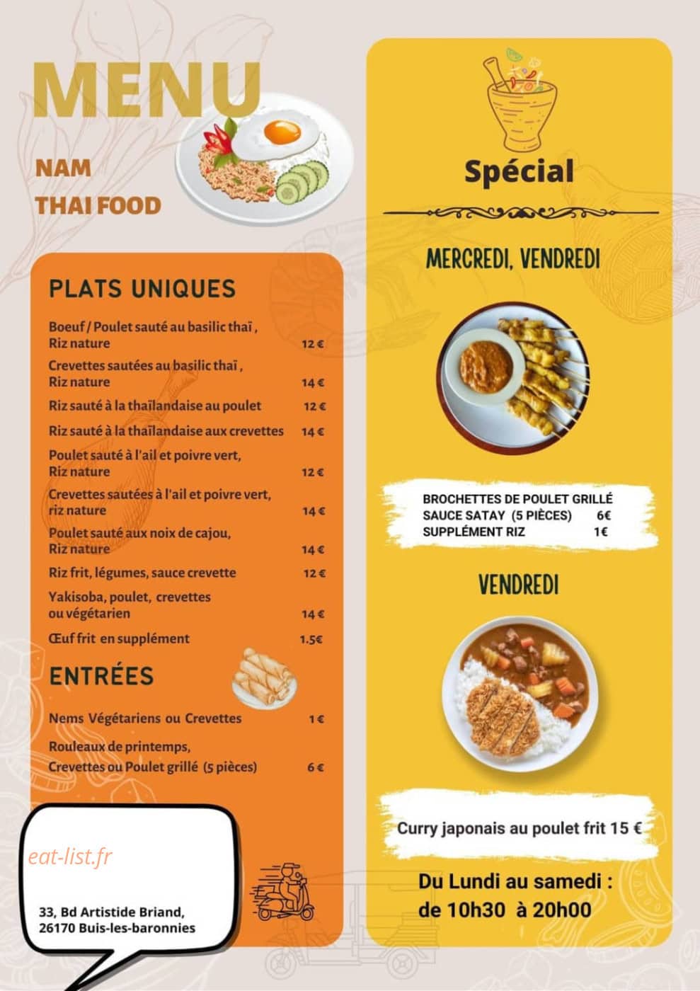 Nam Thai Food — carte page 1