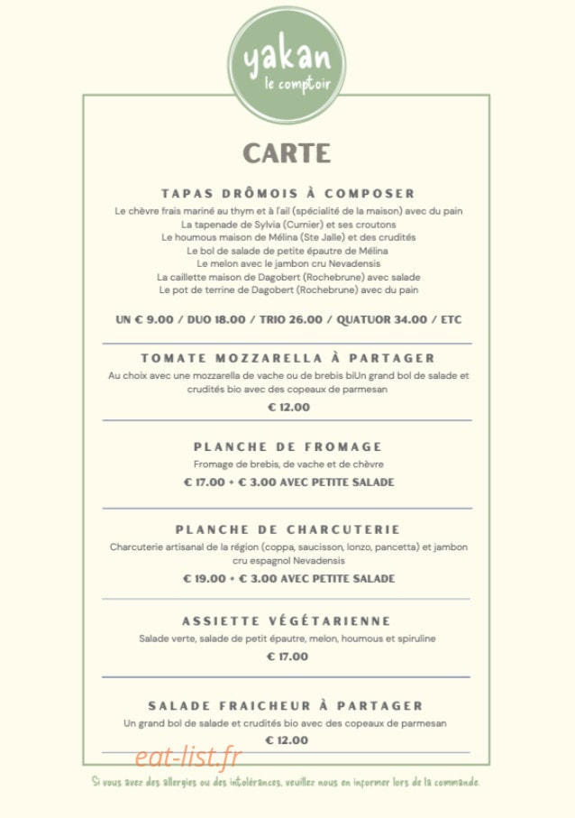 Yakan le Comptoir — carte page 1