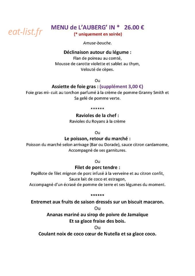 L'auberg' in — carte page 1