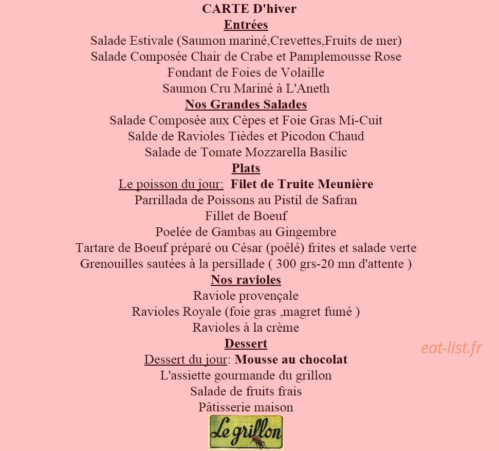 Le Grillon à Montelimar Menu Et Photos