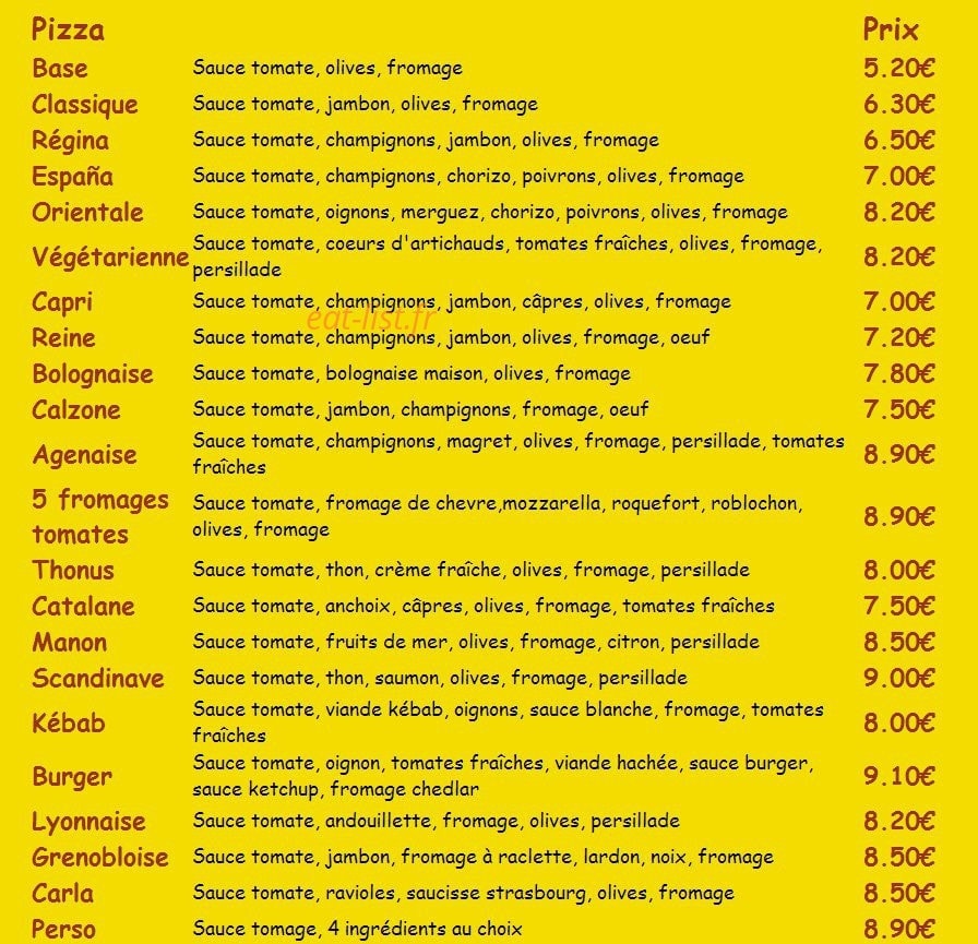 Bella Pizza — carte page 1