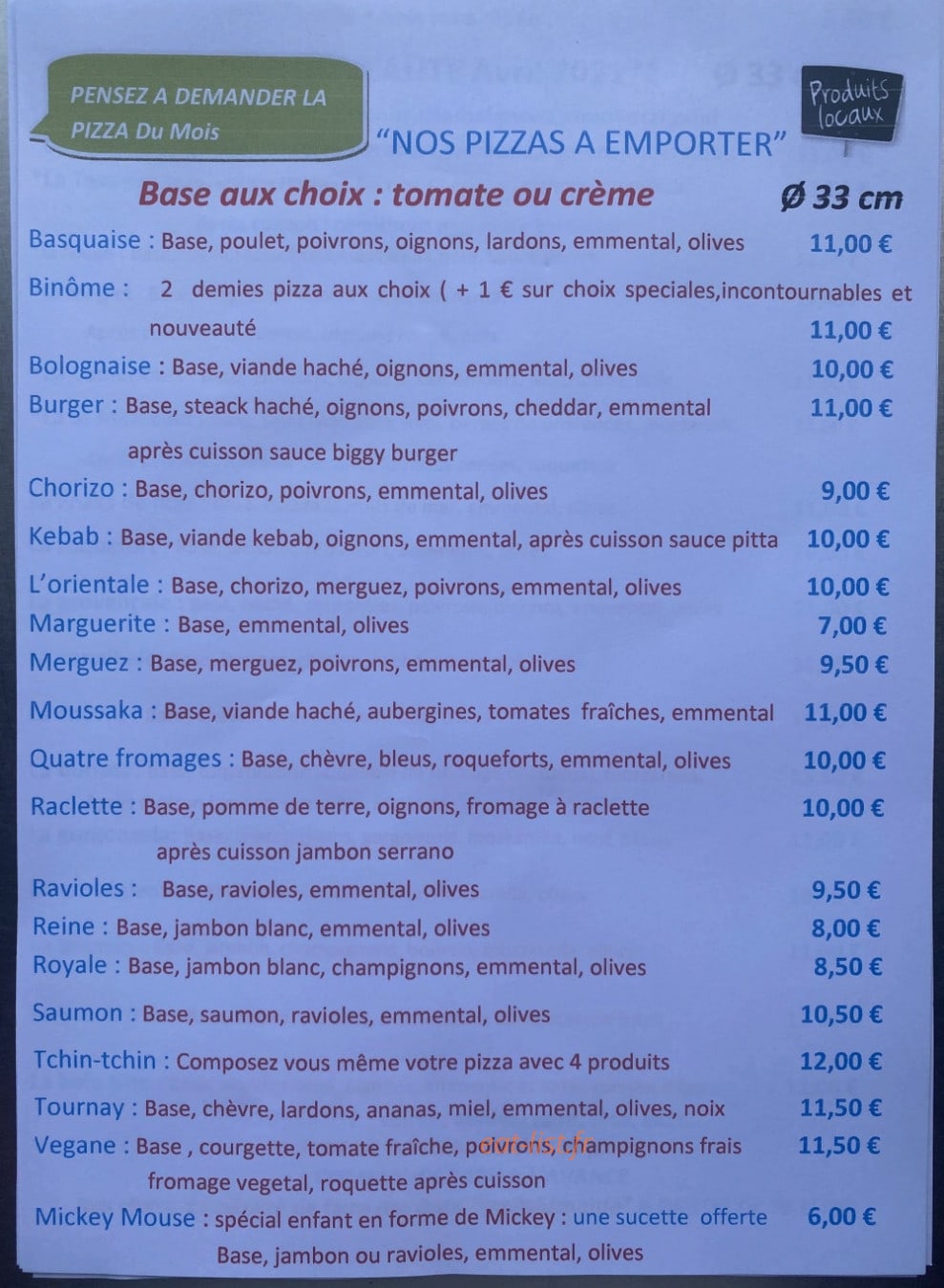 Seb'Pizza — carte page 1