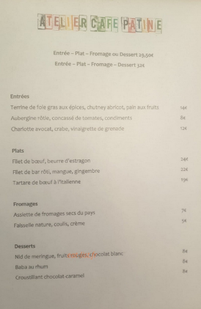 Restaurant Atelier Café Patine — carte page 1