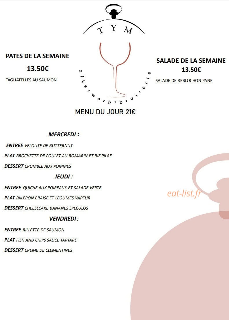Carte et menu de Brasserie Tym à Chatuzange le Goubet — Menu de la semaine