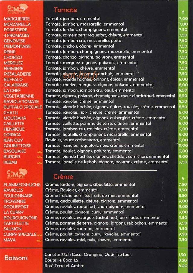 Carte et menu de Café de la Mairie à Chatuzange le Goubet — Pizzas