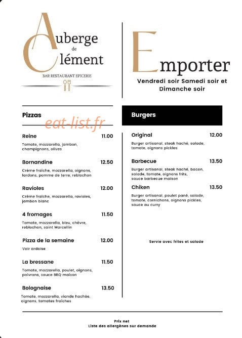 Auberge de Clément — carte page 1