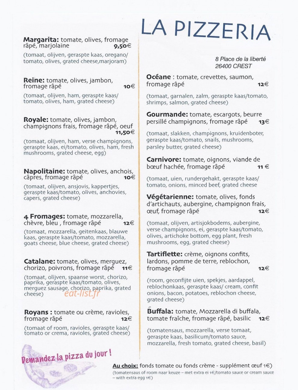 La Pizzeria — carte page 1