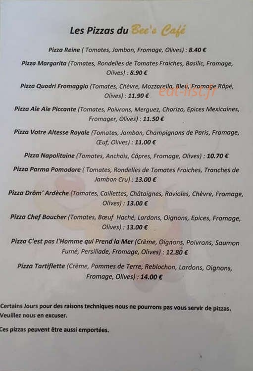 Bee's Café — carte page 1