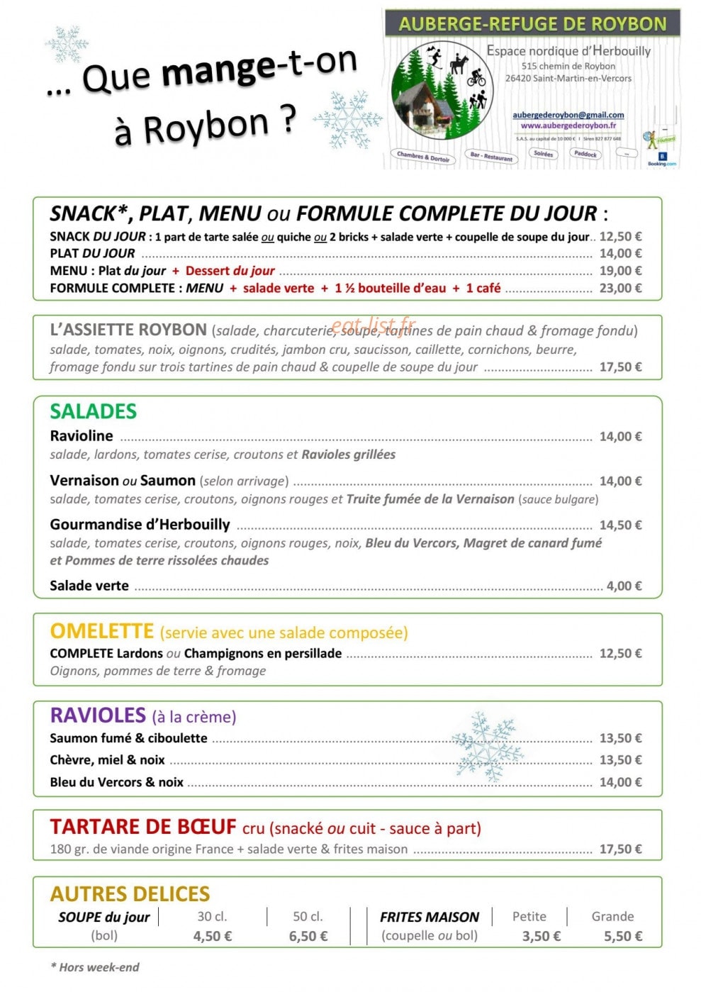 Carte et menu de Auberge-Refuge de Roybon à Saint Martin en Vercors — Les salades,...