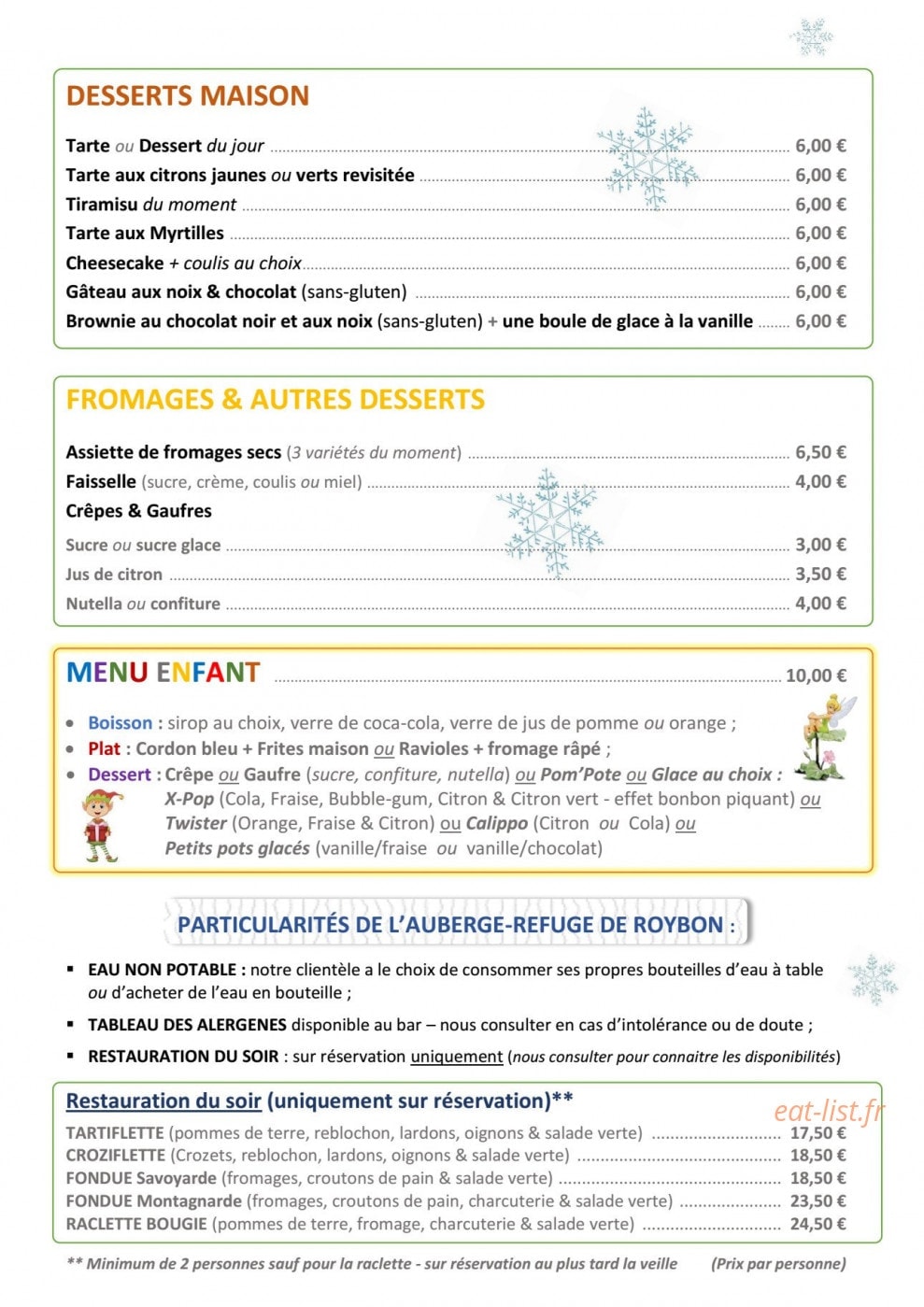 Carte et menu de Auberge-Refuge de Roybon à Saint Martin en Vercors — Les desserts maison et menu enfant,...