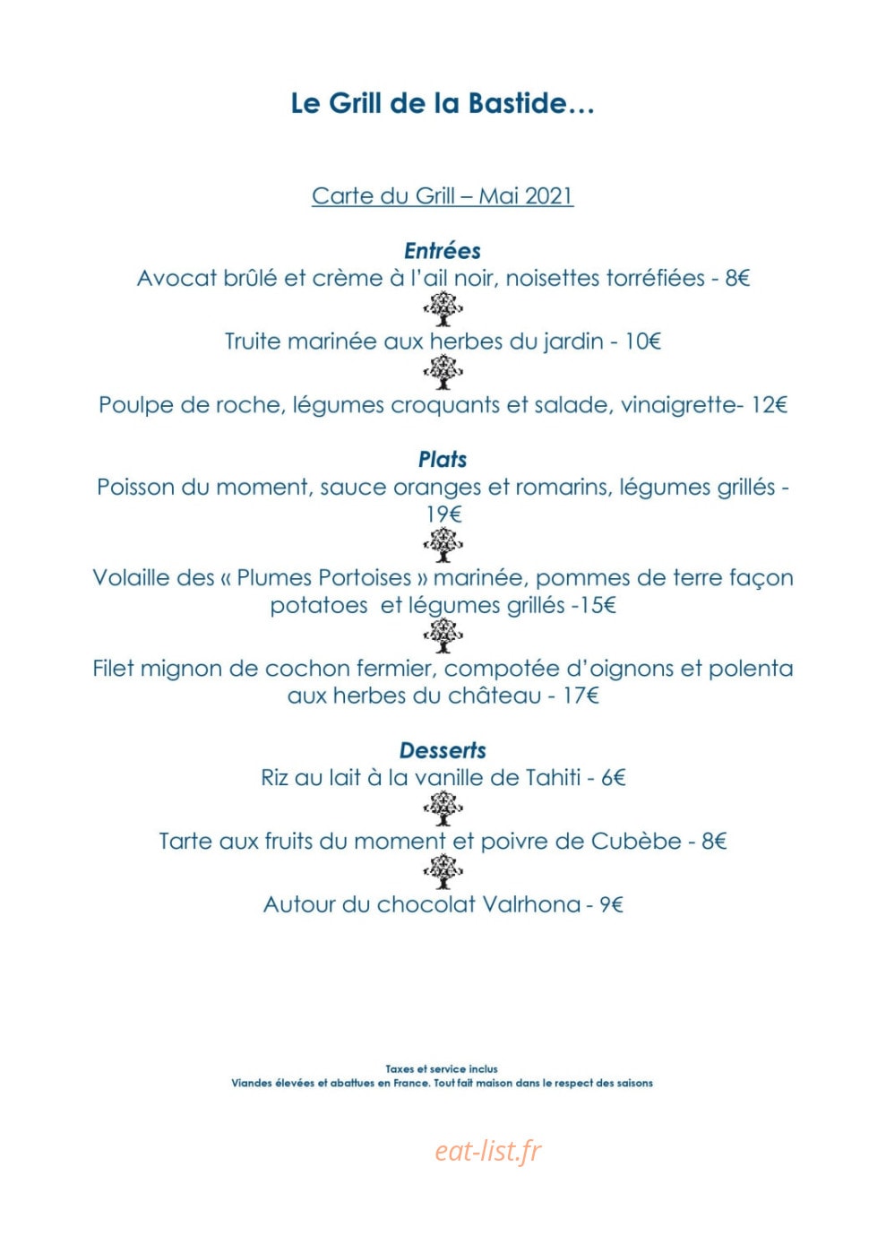 Le Grill de la Bastide — carte page 1