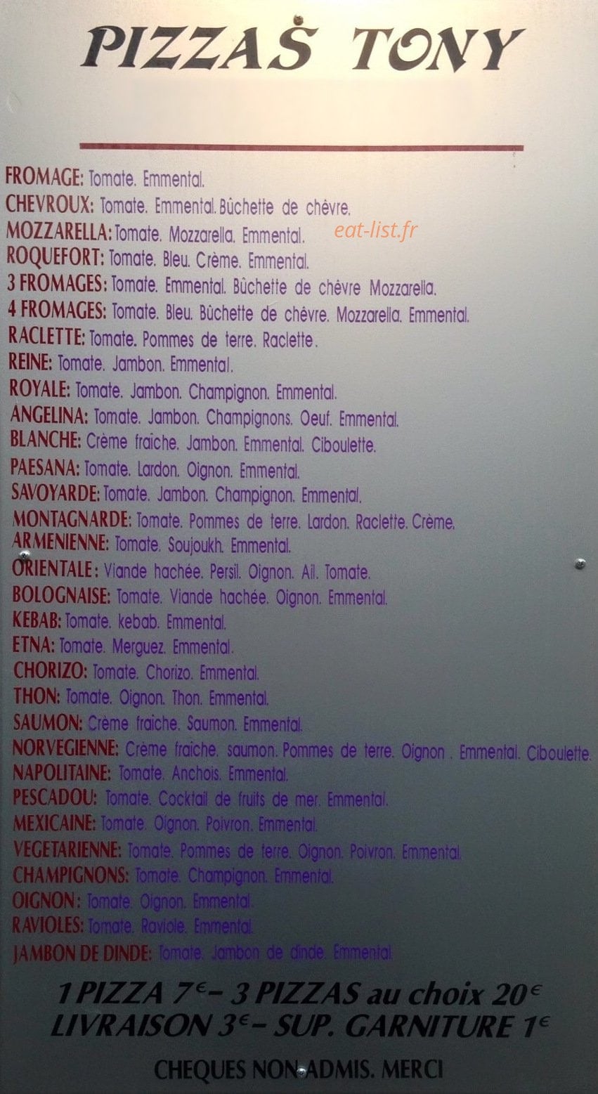 Pizzas Tony — carte page 1