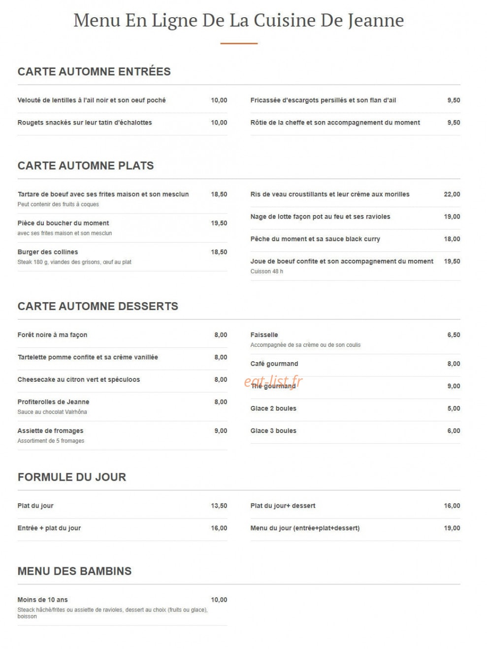 La Cuisine De Jeanne — carte page 1