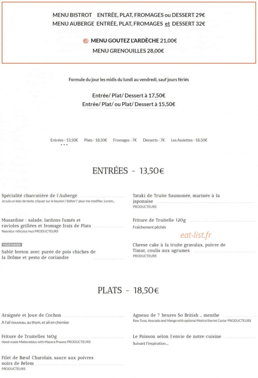 Auberge Monnet — carte page 1