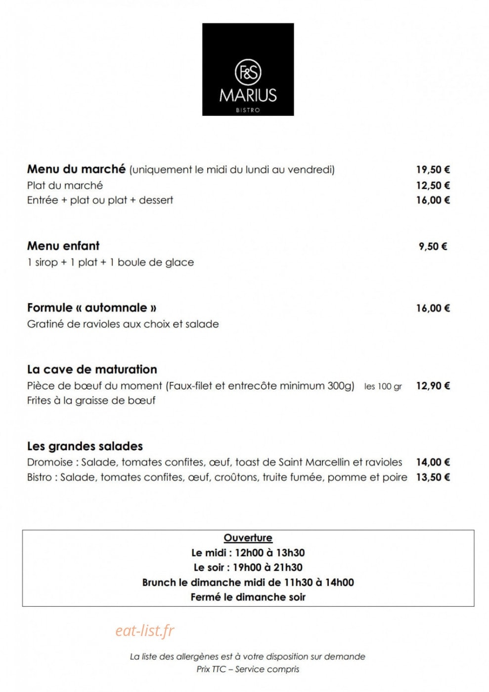 Marius Bistro — carte page 1