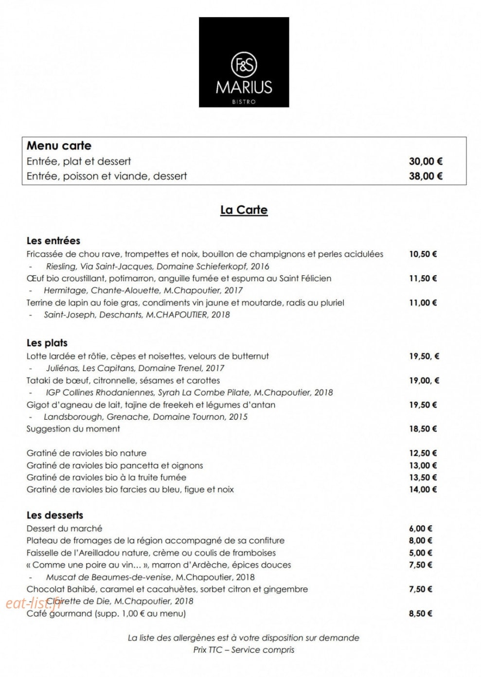 Marius Bistro — carte page 2