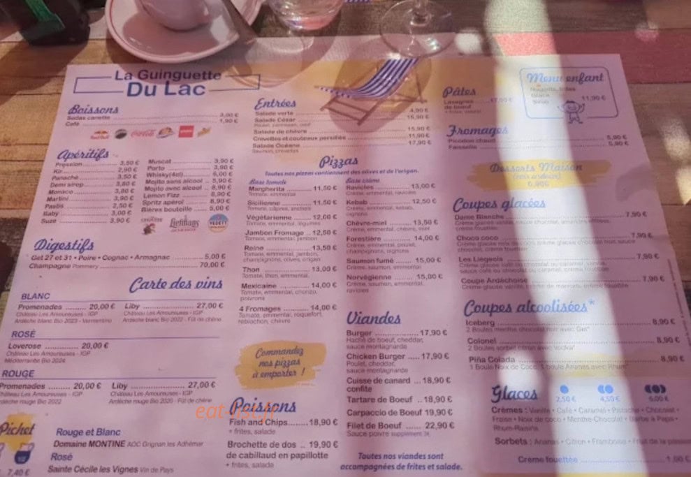 Carte et menu de La Guinguette du Lac à Pierrelatte — La carte
