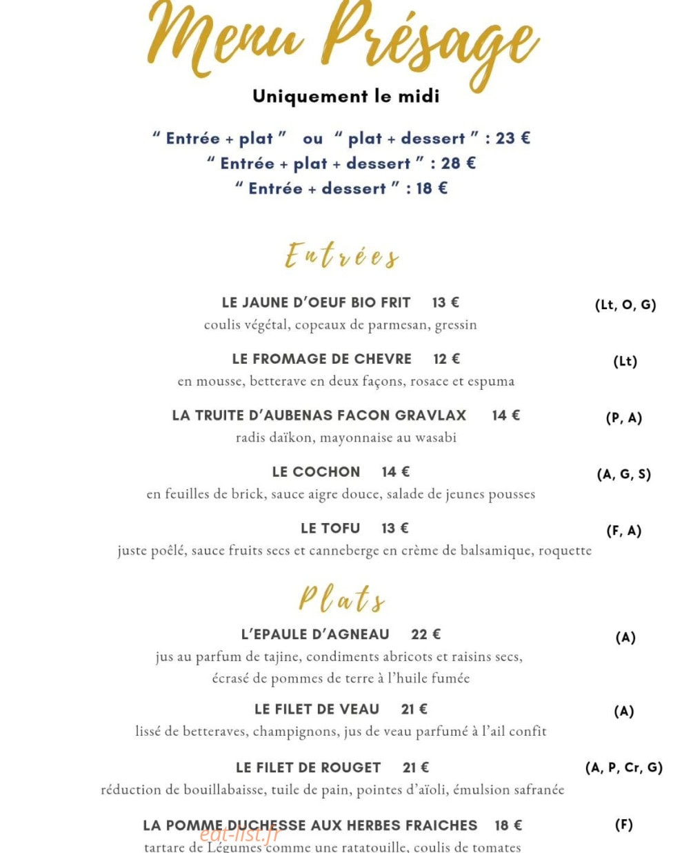 Prélude Restaurant — carte page 1