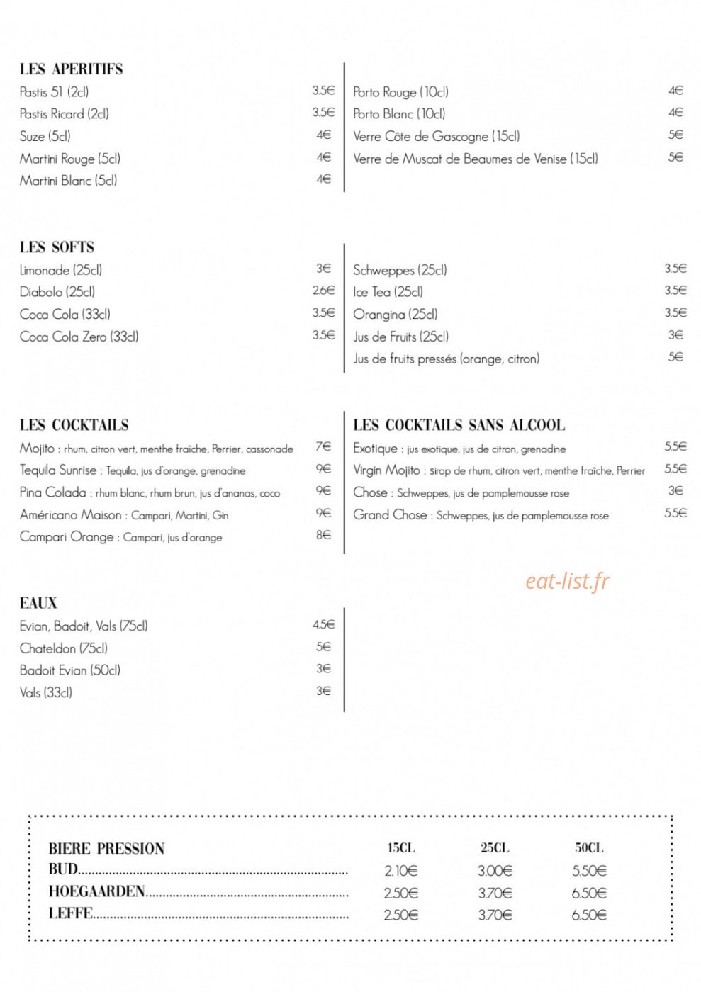 Carte et menu de bar de la Domaine de la Valdaine à Montboucher sur Jabron — les apéritifs, softs, cocktails et eaux
