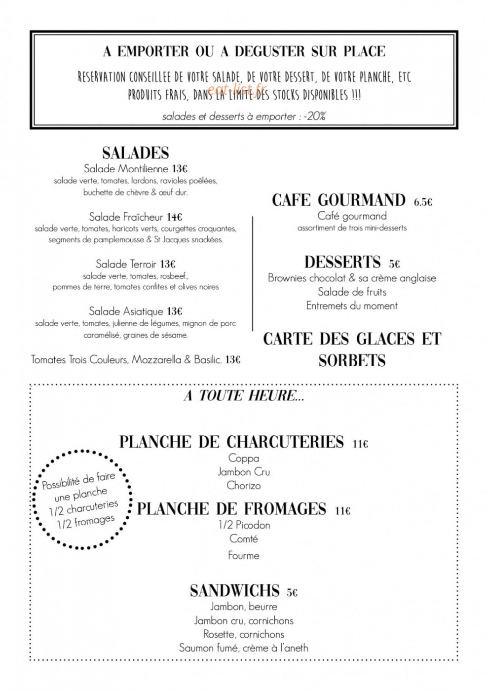 Carte et menu de bar de la Domaine de la Valdaine à Montboucher sur Jabron — Les salades, planches et sandwichs,...