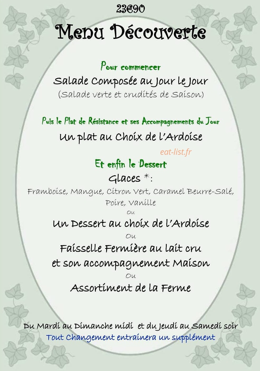 Carte et menu de Auberge des voyageurs à Montmiral — Menu découverte 23,90€