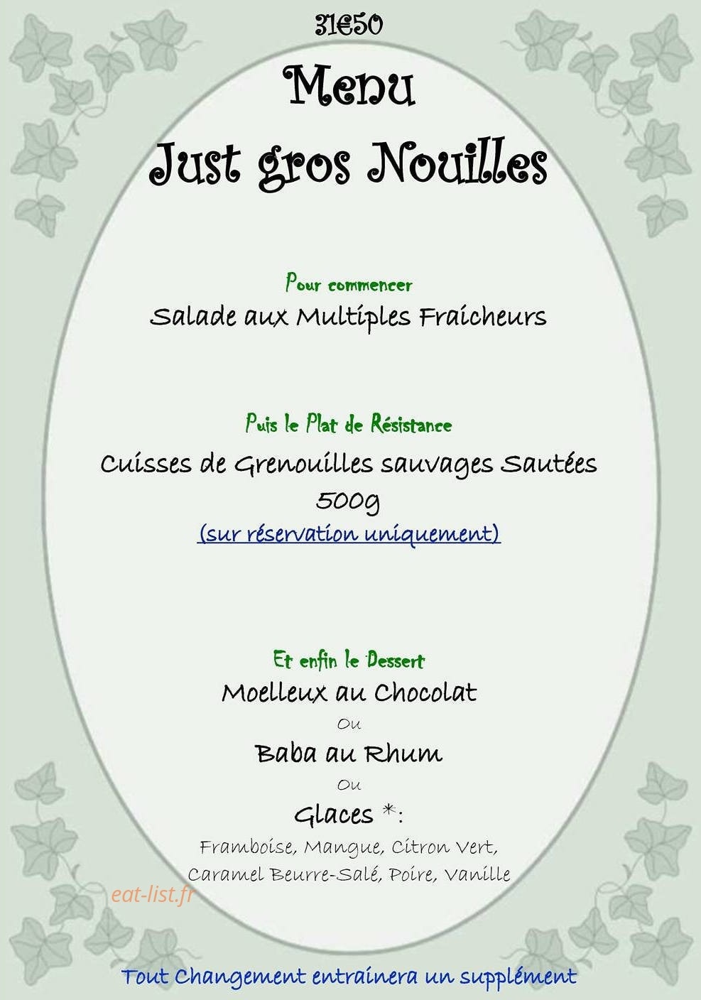 Carte et menu de Auberge des voyageurs à Montmiral — Menu just gros nouilles 31,50€