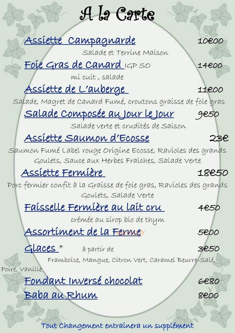 Carte et menu de Auberge des voyageurs à Montmiral — A la carte