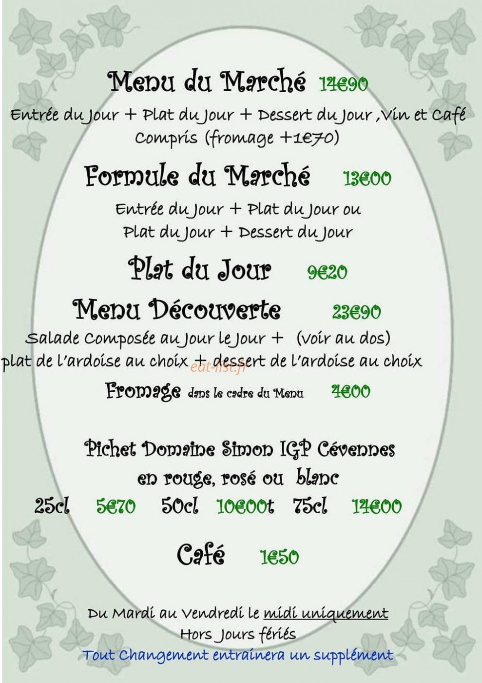 Carte et menu de Auberge des voyageurs à Montmiral — Les menus