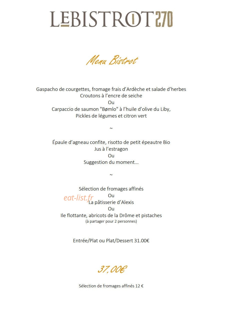 Le Bistrot 270 — carte page 1