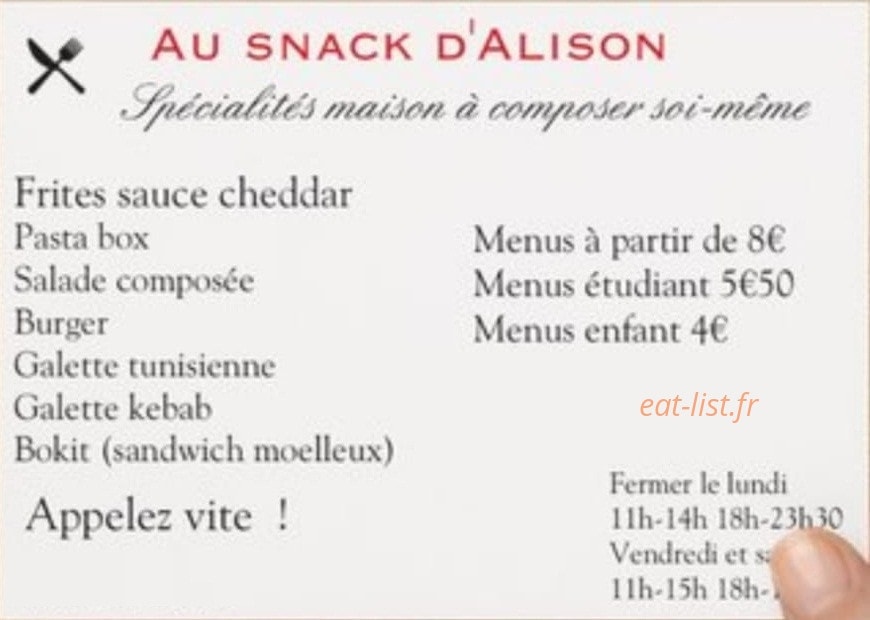 Au snack d'Alison — carte page 1