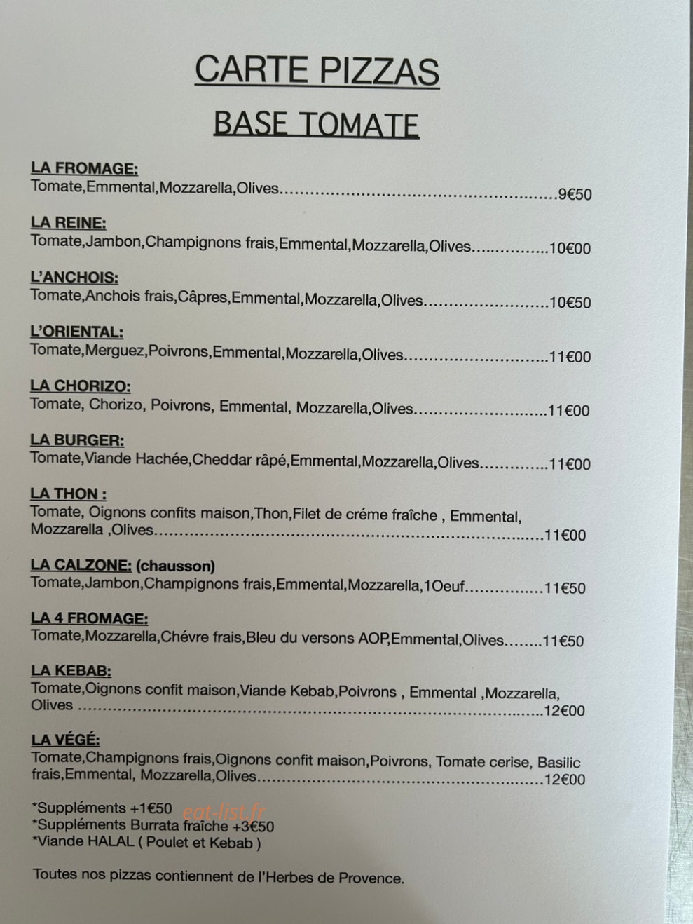 M&A pizza — carte page 1