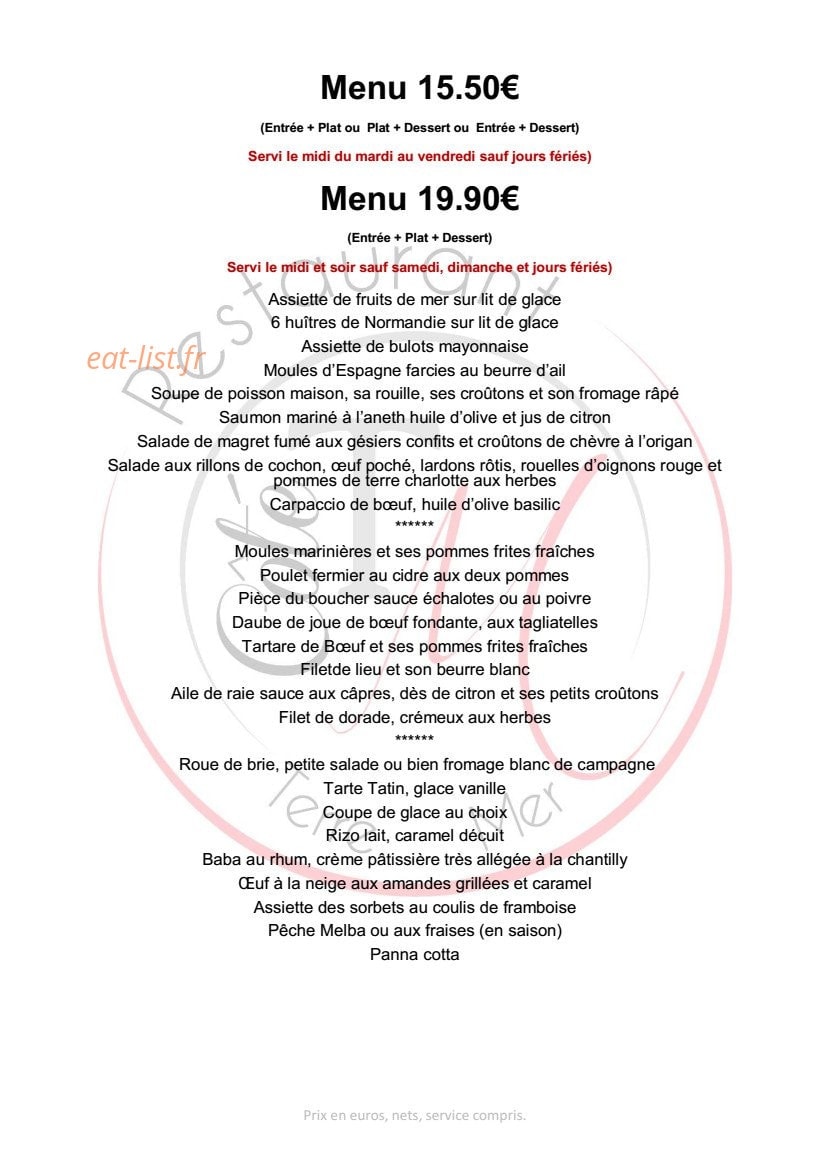 Carte et menu de Côté Terre & Mer à Evreux — Les formules