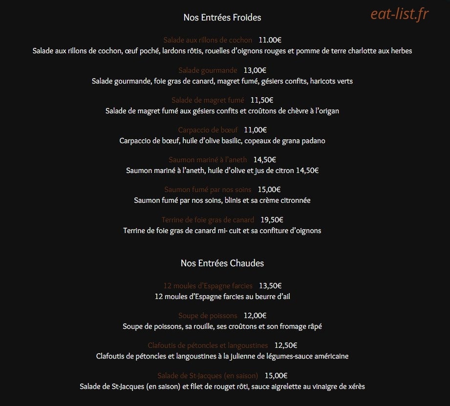 Carte et menu de Côté Terre & Mer à Evreux — Les entrées et grillades
