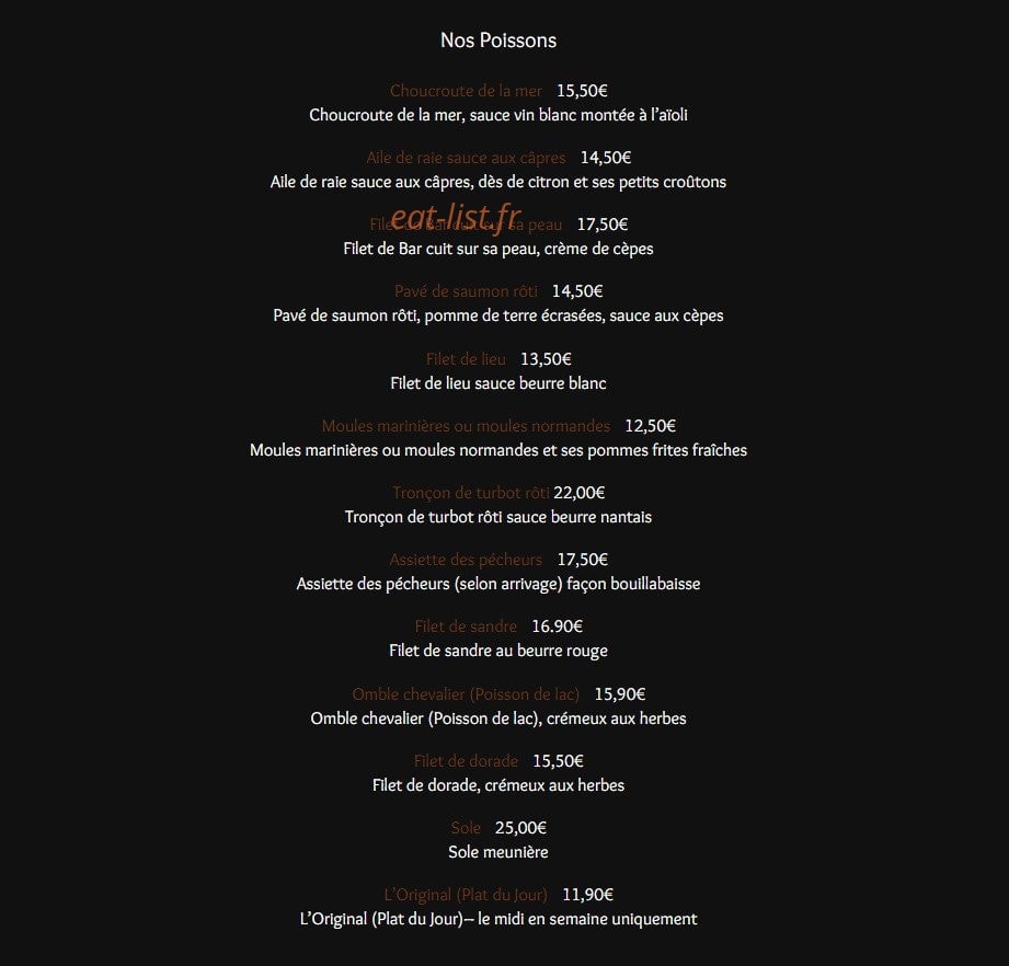 Carte et menu de Côté Terre & Mer à Evreux — Les poissons