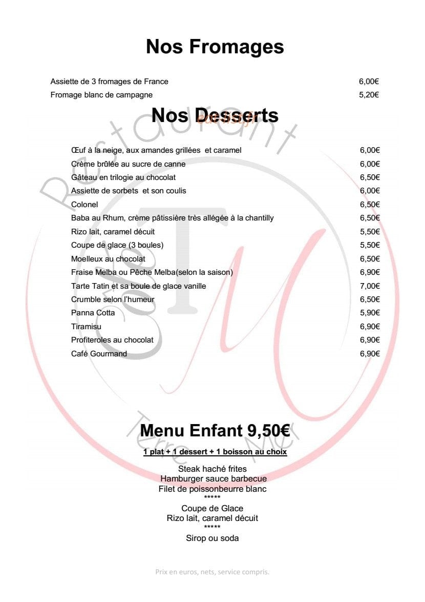 Carte et menu de Côté Terre & Mer à Evreux — Les fromages et desserts