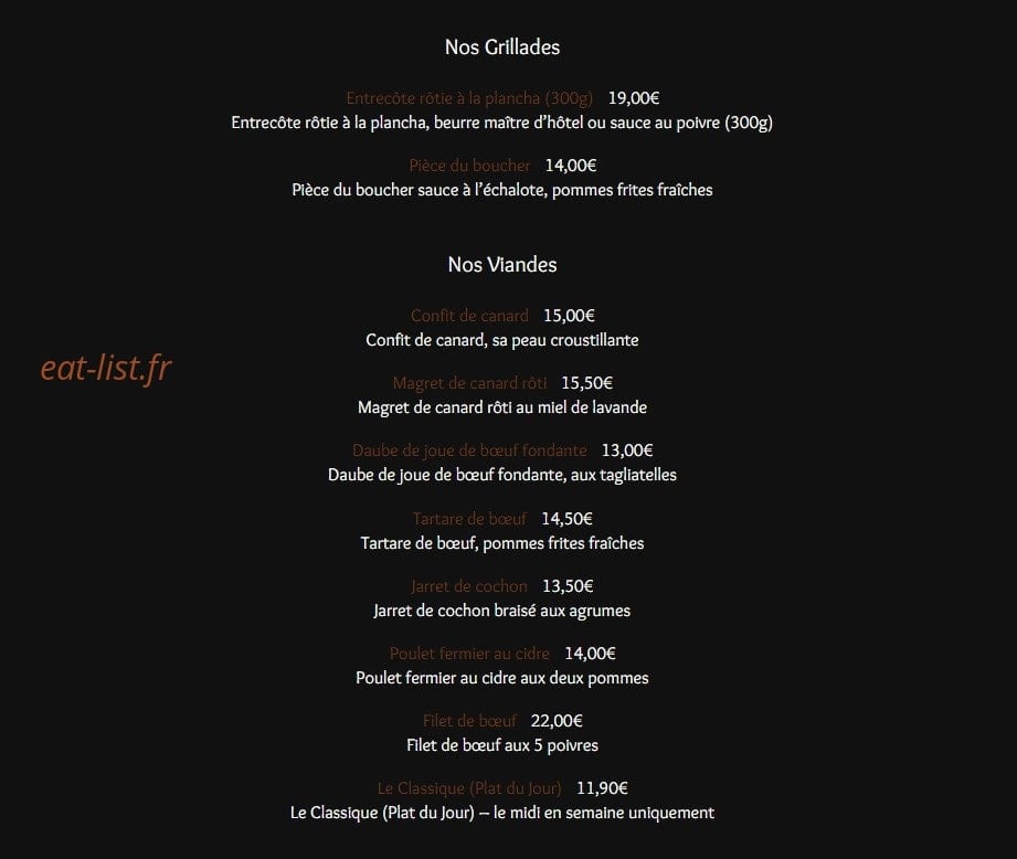 Carte et menu de Côté Terre & Mer à Evreux — Les viandes