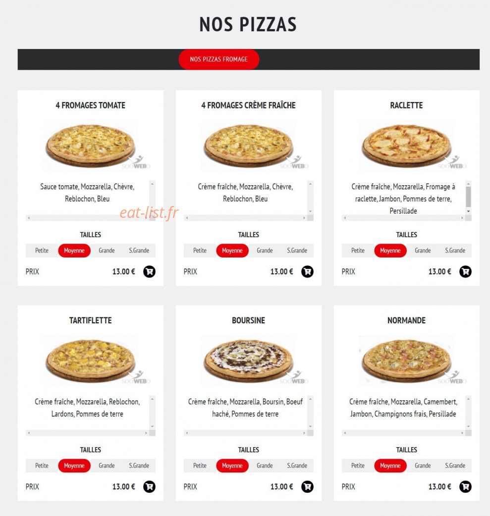 Carte et menu de Pizzeria du vaudreuil à Le Vaudreuil — Les pizzas fromages