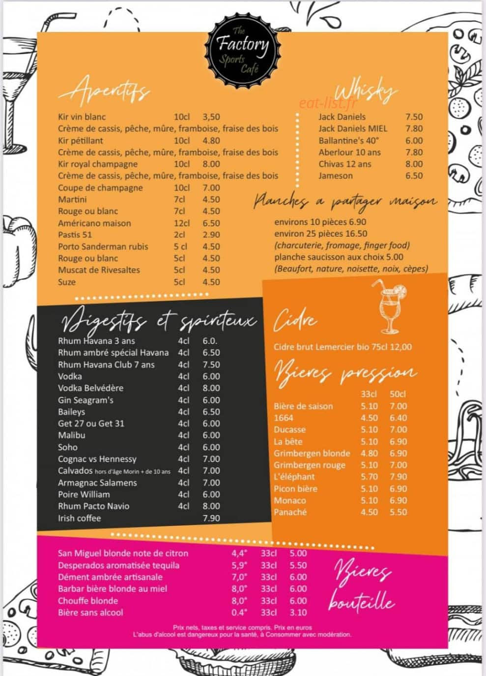 Carte et menu de The Factory Sports Café à Val de Reuil — Les apéritifs, digestifs, ...