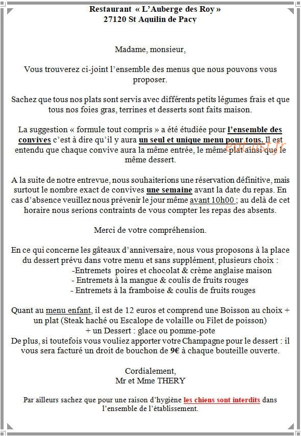 Auberge des Roy — carte page 12