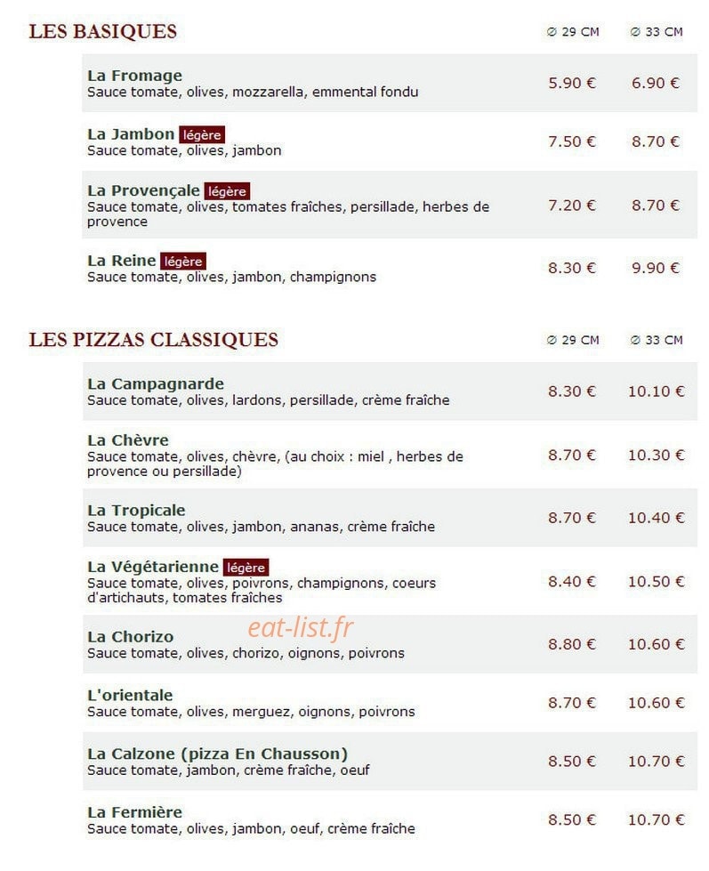Le Kiosque à Pizzas — carte page 1