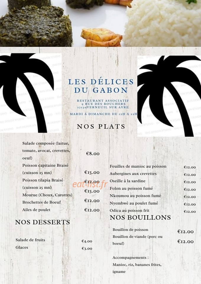 Carte et menu de Les Délices du Gabon à Verneuil d'Avre et d'Iton — La carte