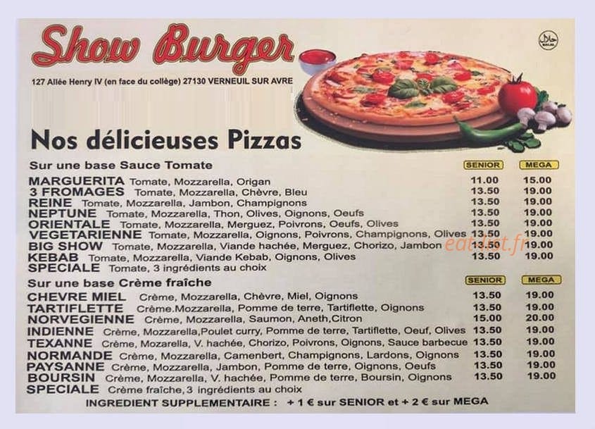Show Burger — carte page 1