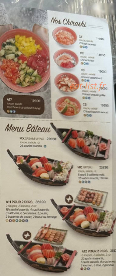 Carte et menu de Miyagi à Gisors — Chirashi, bateau...