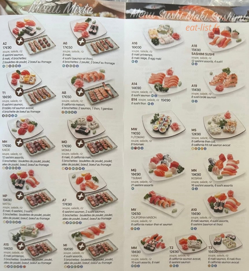 Carte et menu de Miyagi à Gisors — Menu mixte, menu sushi...