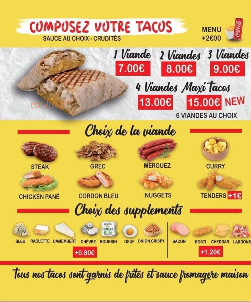 Carte et menu de Burgers Land à La Bonneville sur Iton — Les tacos